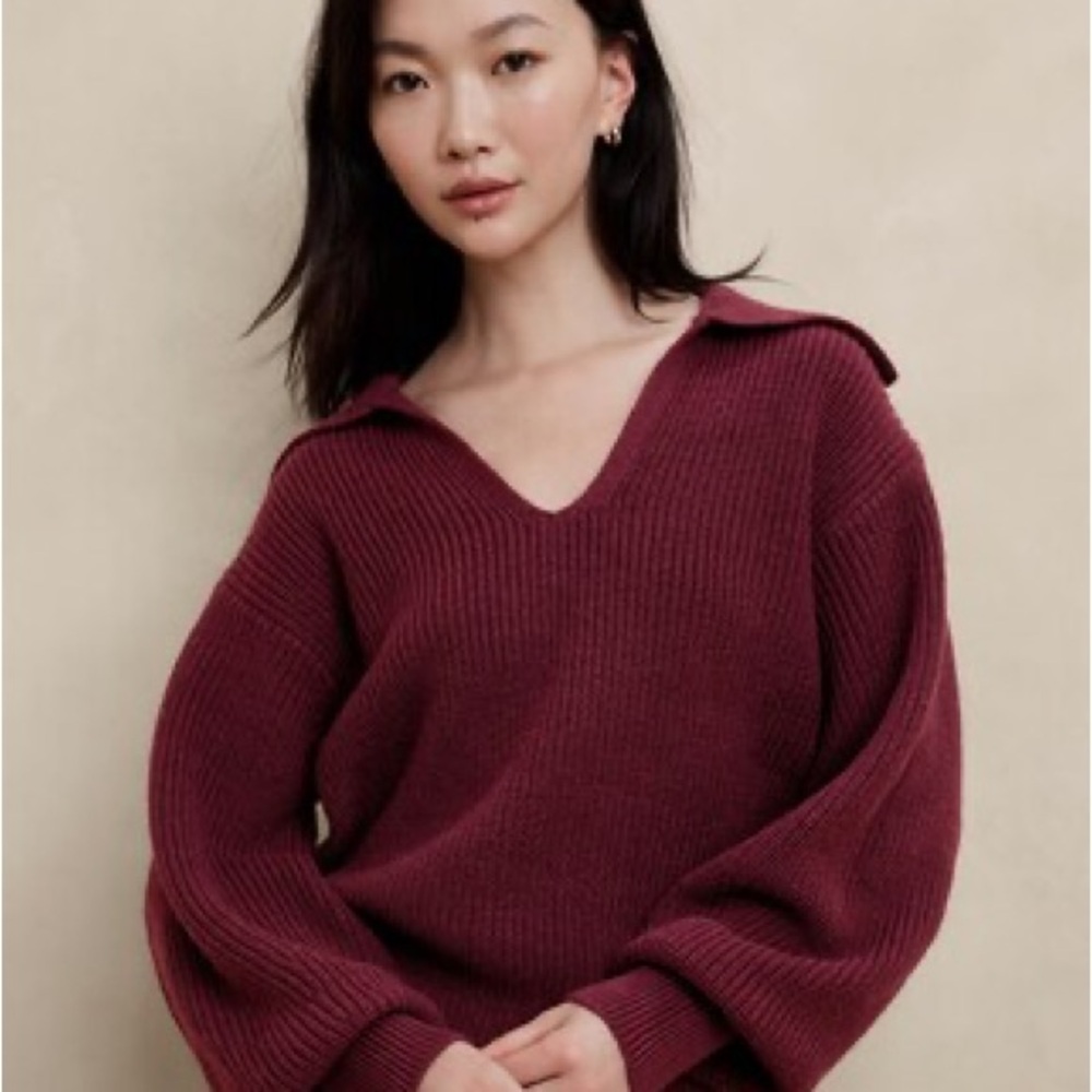 Banana Republic Ribbed Johnny Collar Maroon Sweater